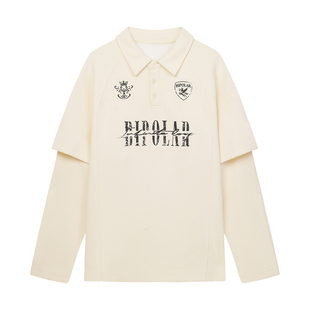 BIPOLAR假两件破损字体polo长袖设计感小众上衣宽松百搭美高T恤男