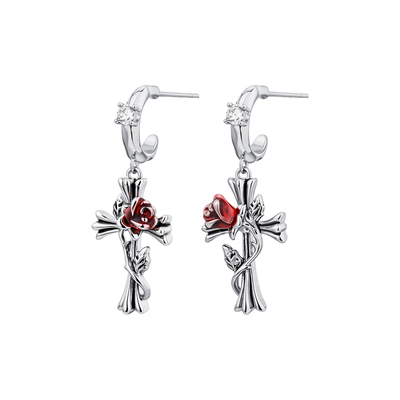 十字架玫瑰缠绕S925银耳环女耳饰