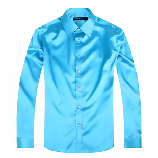 纯白色亮面衬衫演出服男丝滑绸缎长袖衬衣舞台大合唱舞蹈表演男装