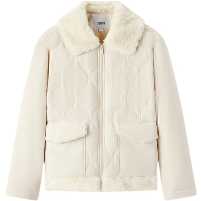 森马复古拼接毛绒翻领宽松棉服女