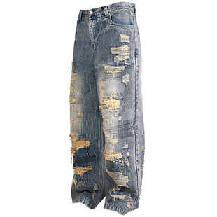 Gecko美式复古水洗做旧破洞重工刺绣加厚牛仔裤男女同款乞丐裤