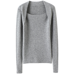 气质好吸睛~显瘦方领坑条羊绒衫女圆领纯羊绒毛衣针织打底衫秋冬