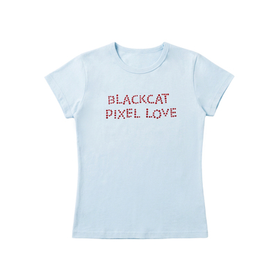 黑喵像素天蓝烫钻修身短袖T恤