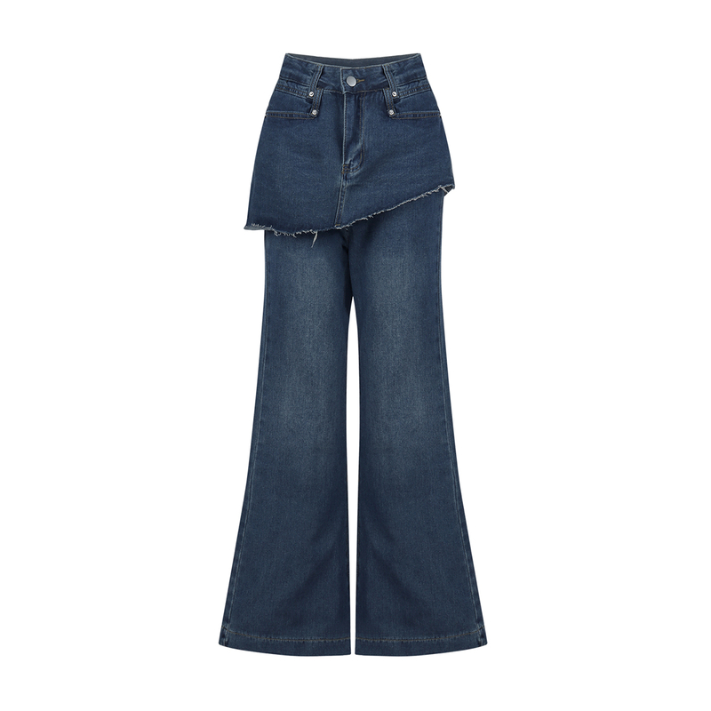 300斤特大码毛边微喇牛仔裤女胖mm宽松不贴腿假两件屁帘喇叭裤子