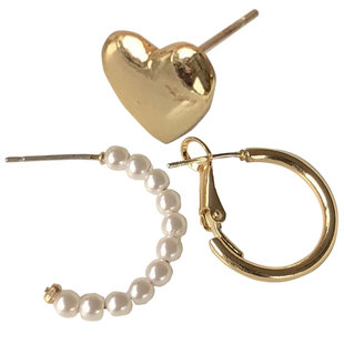 S925银针气质简约爱心形耳钉个性C字珍珠耳圈网红三件套耳饰2664