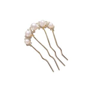 u型珍珠发簪女后脑勺丸子头盘发神器四齿插梳高级感发钗簪子头饰