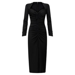 [玫瑰相似款][小黑裙]DVF宴会复古方领轻礼服中长款连衣裙DL1S006