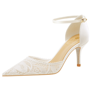 rose castle梦幻花园2026年一字带蕾丝婚鞋法式气质中空高跟凉鞋