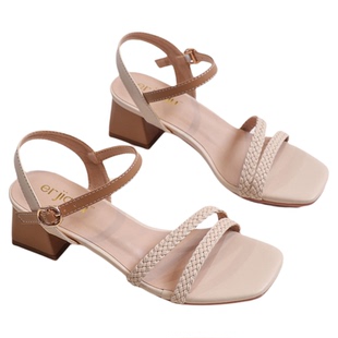 羊皮版~棕色高跟凉鞋女夏新款粗跟中跟仙女风百搭配裙子一字扣带