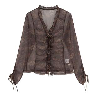 AZure法式复古网纱上衣高腰塔裙蕾丝绑带吊带马甲轻薄印花衬衫女