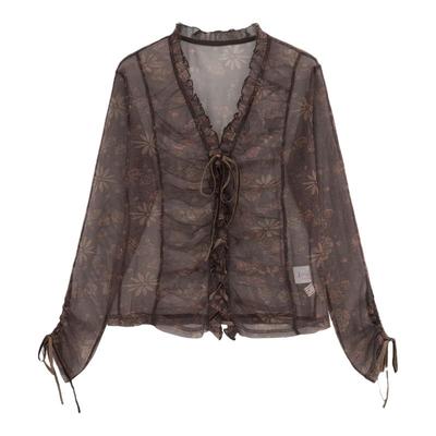 复古网纱上衣高腰塔群蕾丝吊带