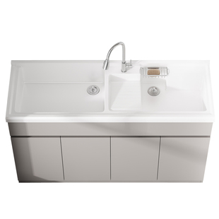 阳台洗衣柜蜂窝铝整板双台盆水池人造石英石洗衣盆带搓板奶油风