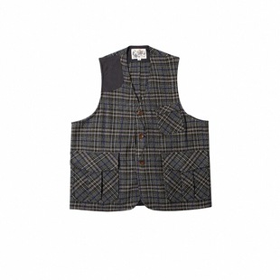 Secondorder FW24 Woolen Hunting Vest复古拼皮羊毛格纹猎装马甲