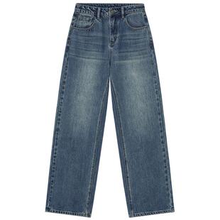 热风女士牛仔裤2026年春季新款复古深色做旧直筒显瘦百搭牛仔长裤