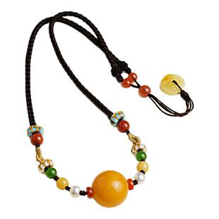 天然鸡油黄蜜蜡吊坠项链手工编绳藏式文玩配饰珍珠翡翠男女款饰品