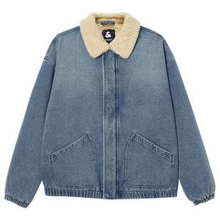 杰克琼斯棉服男款秋冬水洗牛仔夹克美式仿羊羔毛翻领棉衣外套男装