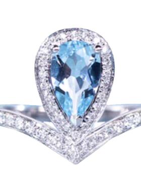 莫桑石气质水滴海蓝宝石V字戒指