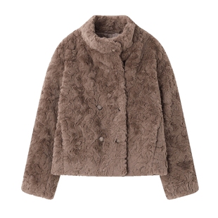 IHIMI海谧立领加厚短外套2025冬季新款女简约气质百搭毛绒上衣