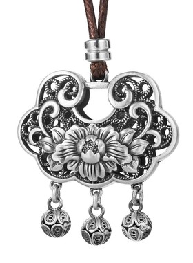 古法牡丹花吊坠纯银如意平安锁