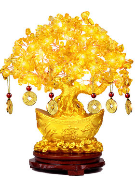 客厅专用黄水晶摇钱发财树摆件工艺品创意酒柜客厅卧室办公室装饰