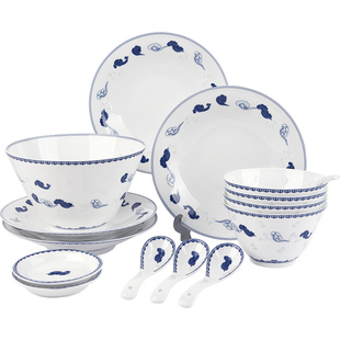 玉柏陶瓷景德镇中式餐具碗碟套装家用白瓷玲珑送礼青花瓷福运连连