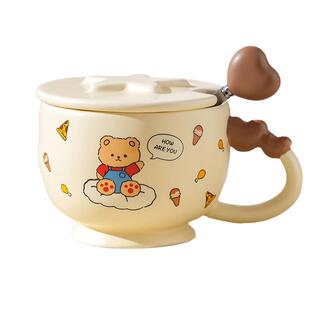 宽口早餐杯带盖勺麦片碗冲泡杯子牛奶燕麦杯大容量可爱陶瓷马克杯