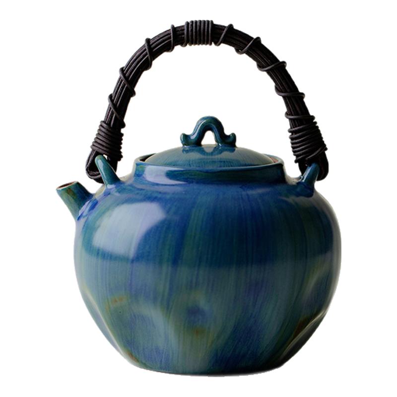 里作 日式粗陶手工藤编煮茶壶高端官绿釉窑变烧水壶电陶炉煮茶器