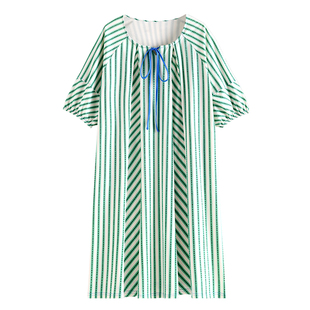 睡裙女夏季薄款莫代尔棉半袖大码长款睡衣夏天条纹可外穿连衣裙子