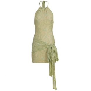 HEYOUNGIRL绿意盎然性感蕾丝花卉挂脖连衣裙女小众百搭辣妹包臀裙