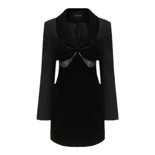 [甄选3折]NanaJacqueline丝绒西装连衣裙女老钱风蕾丝拼接蝴蝶结