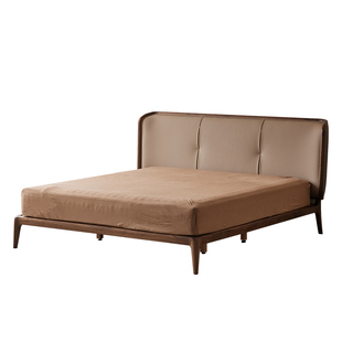 意式轻奢北美黑胡桃木真皮床北欧实木主卧大床双人婚床极简软包床