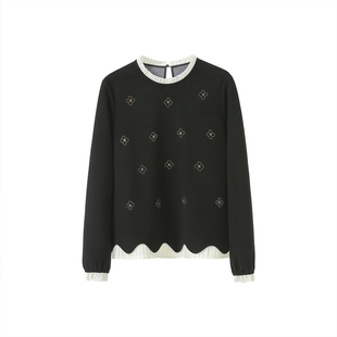 李子木先生磨毛绣花加厚卫衣女秋冬新款圆领镂空假两件上衣打底衫