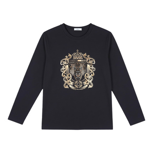 宾度男装秋冬男士豹子花卉元素烫钻休闲长袖T恤男内搭上衣打底衫