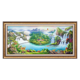 聚宝盆山水画客厅挂画沙发背景墙装饰画手绘油画旭日东升风水壁画