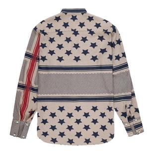 424 意大利产 拼接分割旗帜拼色设计五星格纹美式长袖衬衫衬衣