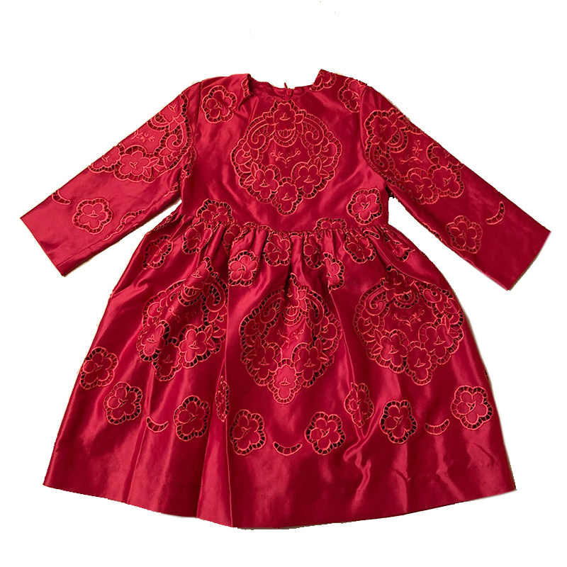 HERROYAL2026春秋高端奢华刺绣女童装礼服裙红色连衣裙公主裙亲子
