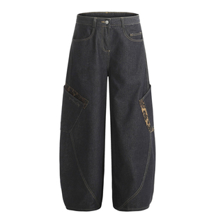 特大码女装美式高街工装牛仔裤女胖mm复古街头辣妹风弯刀阔腿裤子