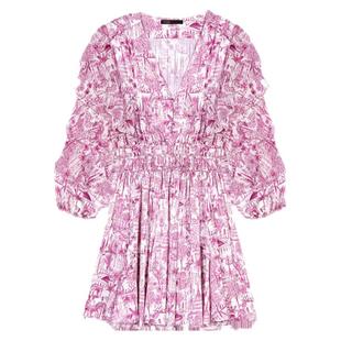 Maje Outlets春秋女装法式时尚朱伊印花图案V领褶皱连衣裙短裙