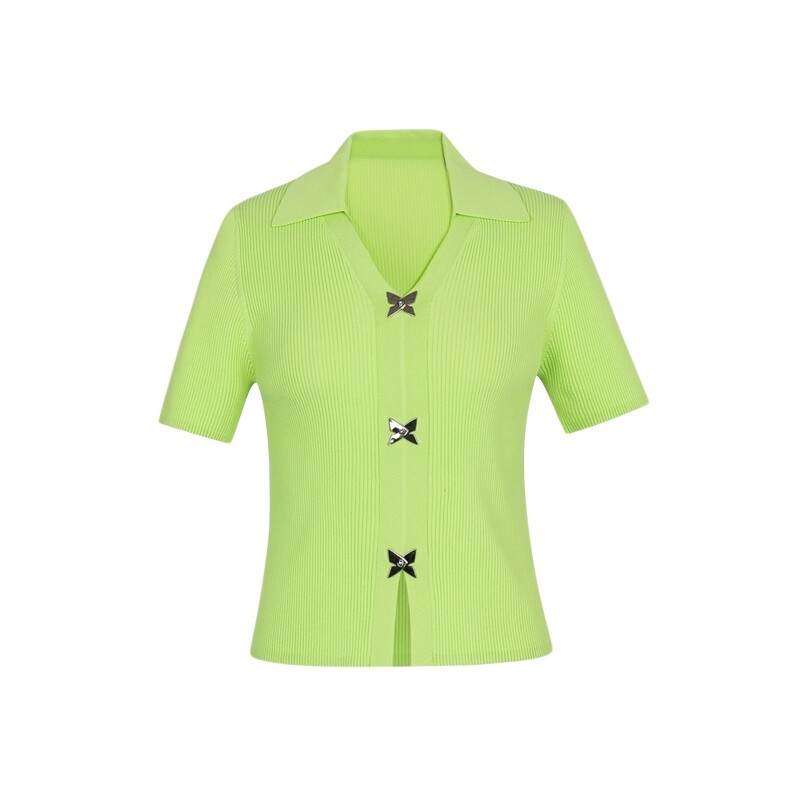 XG/雪歌XK211023A142黄绿色针织衫2025夏季新款 V领短袖开衫外套