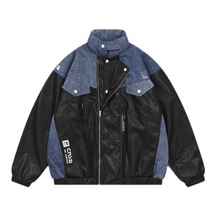 FEAROM原创设计青春流行休闲夹克外套机车皮革牛仔拼接皮衣棉服潮