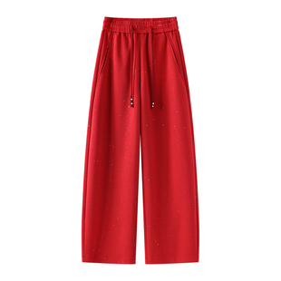 红色满天星弯刀裤女2026年春季新款宽松松紧腰阔腿休闲裤运动卫裤