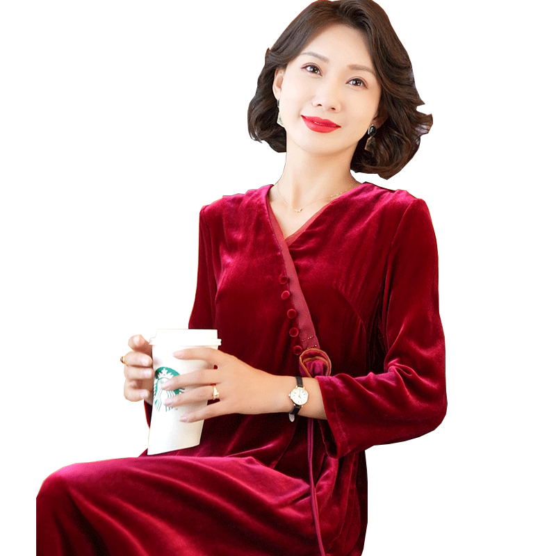 迪芬璐嘉气质优雅真丝丝绒连衣裙