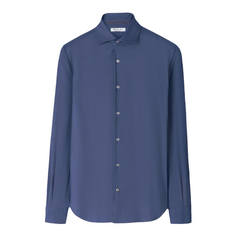 Loro Piana/诺悠翩雅男装商务休闲蓝色棉质针织长袖衬衫