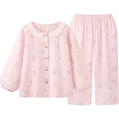 棉纱睡衣女春秋带胸垫新款家居服