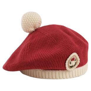 儿童帽子秋冬款女宝针织贝雷帽宝宝手工蘑菇毛球毛线帽女童蓓蕾帽