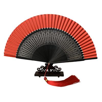 雕花古风大红色镂空折叠扇子