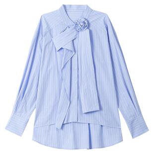 KEIKO 淡人高知穿搭蓝色条纹廓型衬衫春季法式小资飘带饰上衣