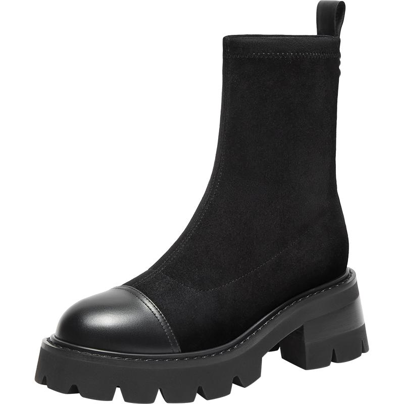 明星同款真美诗飒爽BUFF官方奥莱冬季羊皮绒面厚底瘦瘦靴17780DD3