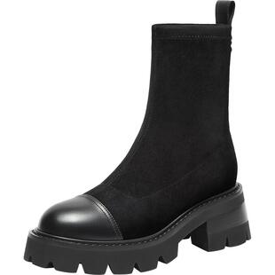 明星同款真美诗飒爽BUFF官方奥莱冬季羊皮绒面厚底瘦瘦靴17780DD3