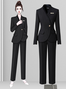 黑色职业套装女冬季厚款西装物业客服售楼部案场工装珠宝店工作服